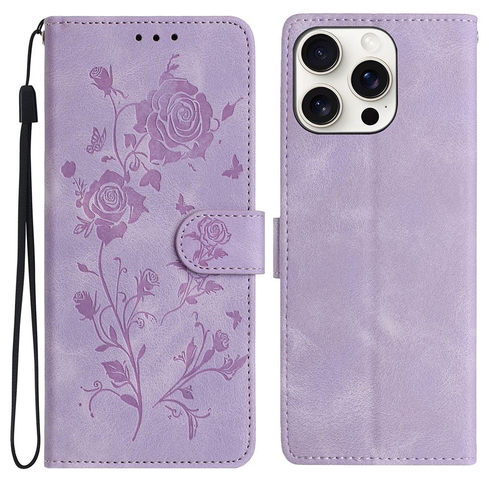 For iPhone 14 Pro Wallet Case Rose Pattern Imprinted Leather Flip Stand Phone Cover - Light Purple