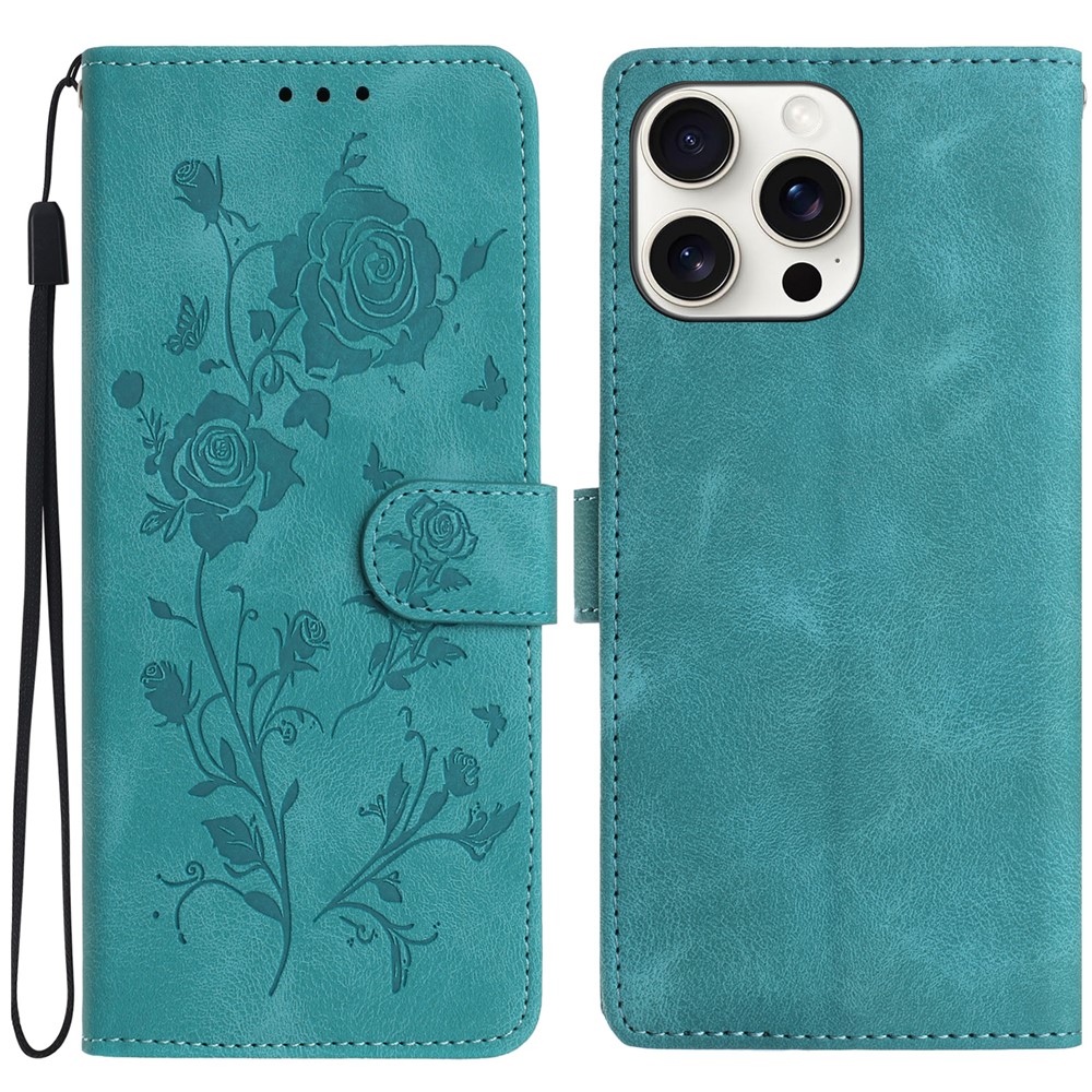 For iPhone 14 Pro Wallet Case Rose Pattern Imprinted Leather Flip Stand Phone Cover - Green