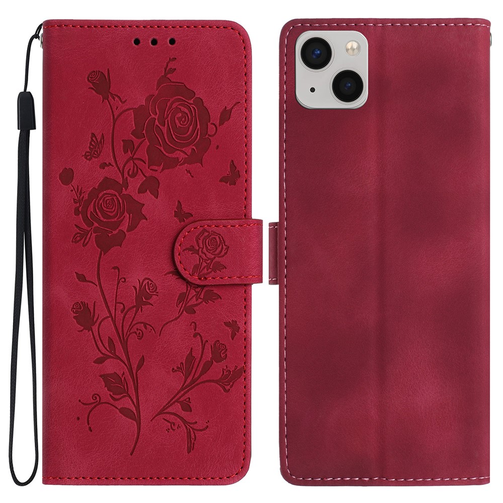 For iPhone 15 Wallet Case Rose Pattern Imprinted Leather Flip Stand Phone Cover - Red