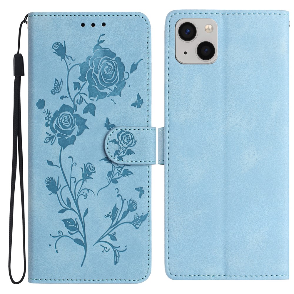 For iPhone 15 Wallet Case Rose Pattern Imprinted Leather Flip Stand Phone Cover - Sky Blue