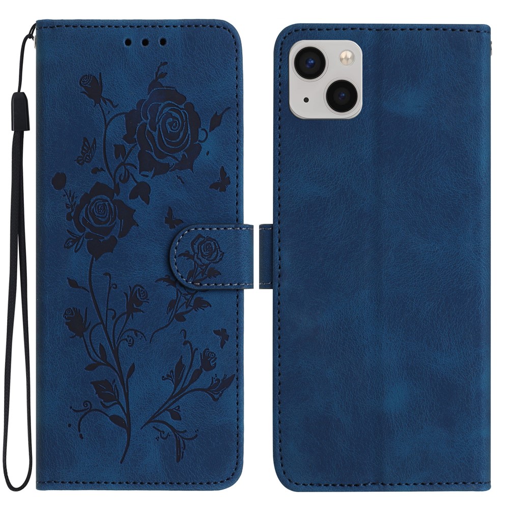For iPhone 15 Wallet Case Rose Pattern Imprinted Leather Flip Stand Phone Cover - Dark Blue