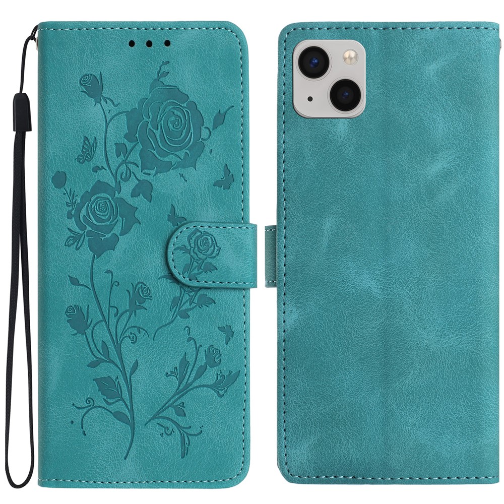 For iPhone 15 Wallet Case Rose Pattern Imprinted Leather Flip Stand Phone Cover - Green
