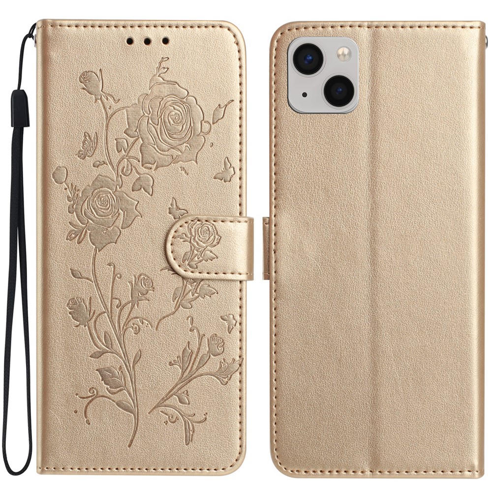 For iPhone 15 Wallet Case Rose Pattern Imprinted Leather Flip Stand Phone Cover - Gold