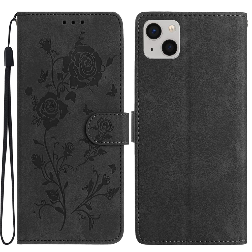 For iPhone 15 Wallet Case Rose Pattern Imprinted Leather Flip Stand Phone Cover - Black