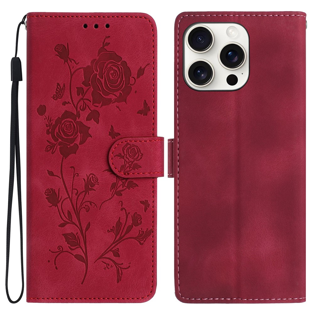For iPhone 15 Pro Wallet Case Rose Pattern Imprinted Leather Flip Stand Phone Cover - Red