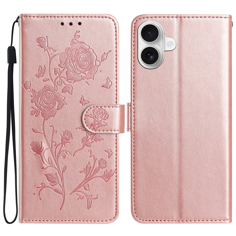 For iPhone 16 Plus Wallet Case Rose Pattern Imprinted Leather Flip Stand Phone Cover - Rose Gold