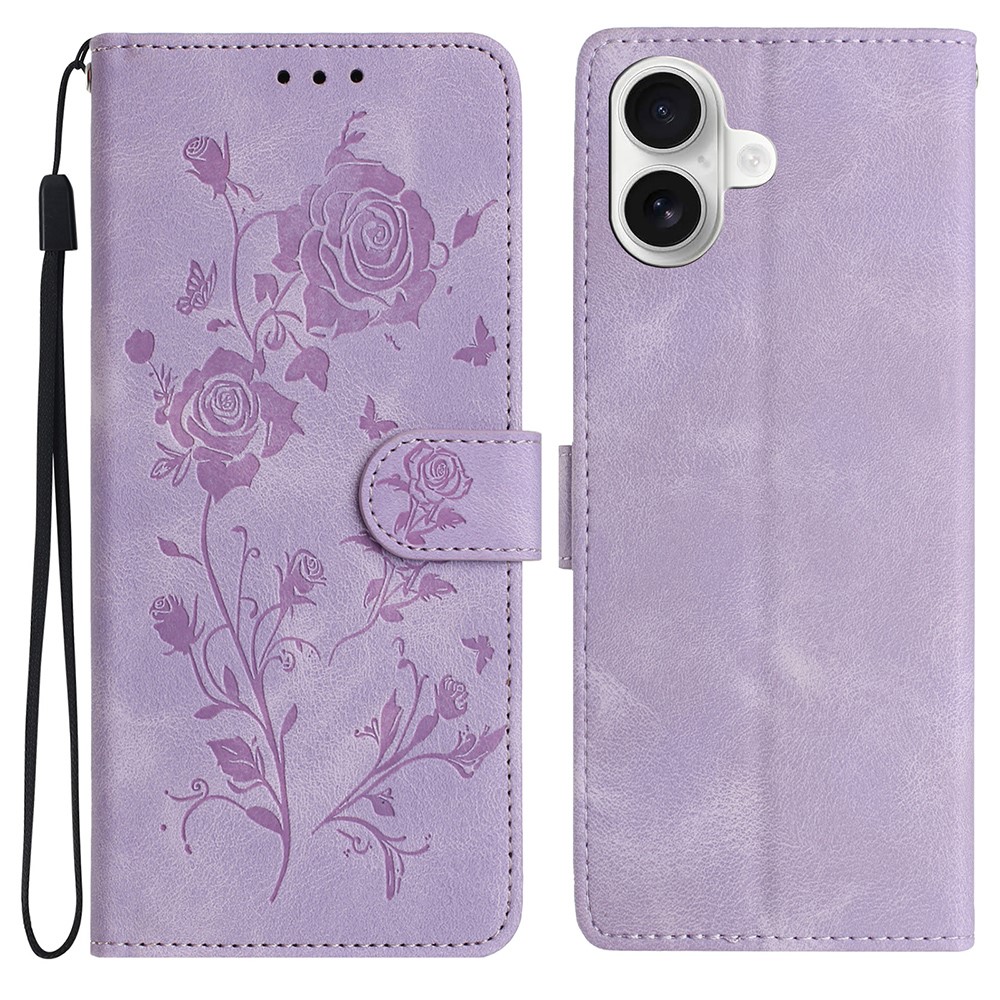 For iPhone 16 Plus Wallet Case Rose Pattern Imprinted Leather Flip Stand Phone Cover - Light Purple