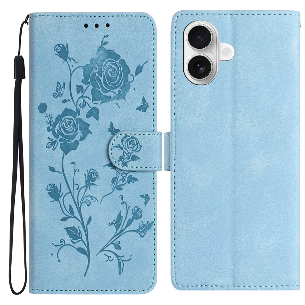 For iPhone 16 Plus Wallet Case Rose Pattern Imprinted Leather Flip Stand Phone Cover - Sky Blue