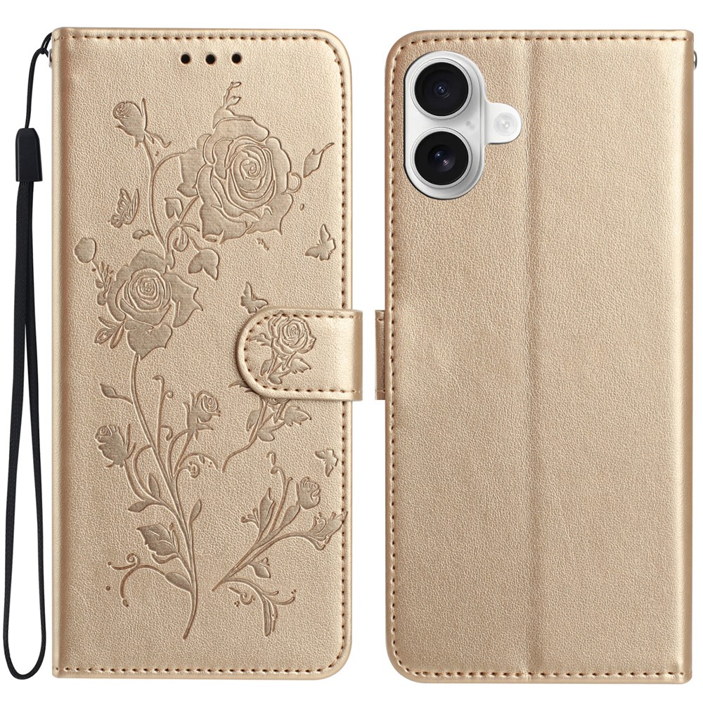 For iPhone 16 Plus Wallet Case Rose Pattern Imprinted Leather Flip Stand Phone Cover - Gold