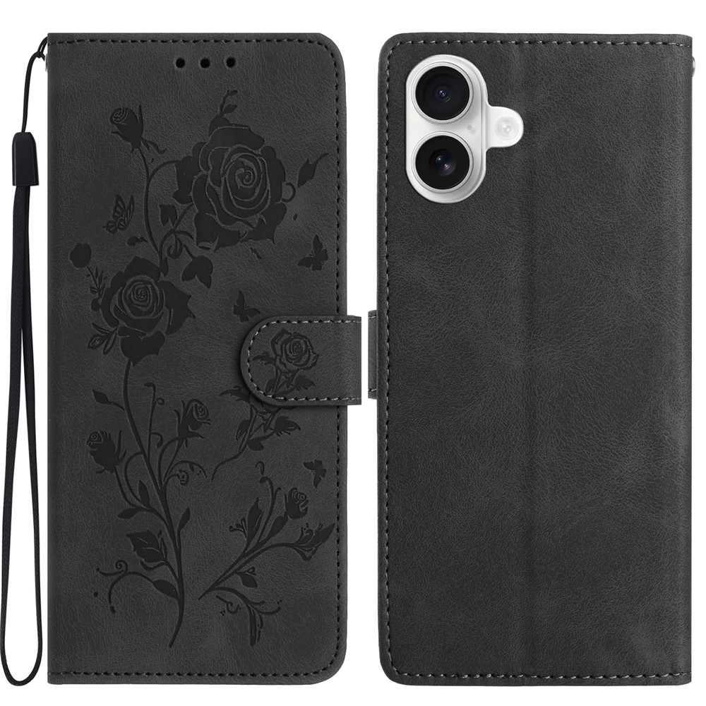 For iPhone 16 Plus Wallet Case Rose Pattern Imprinted Leather Flip Stand Phone Cover - Black
