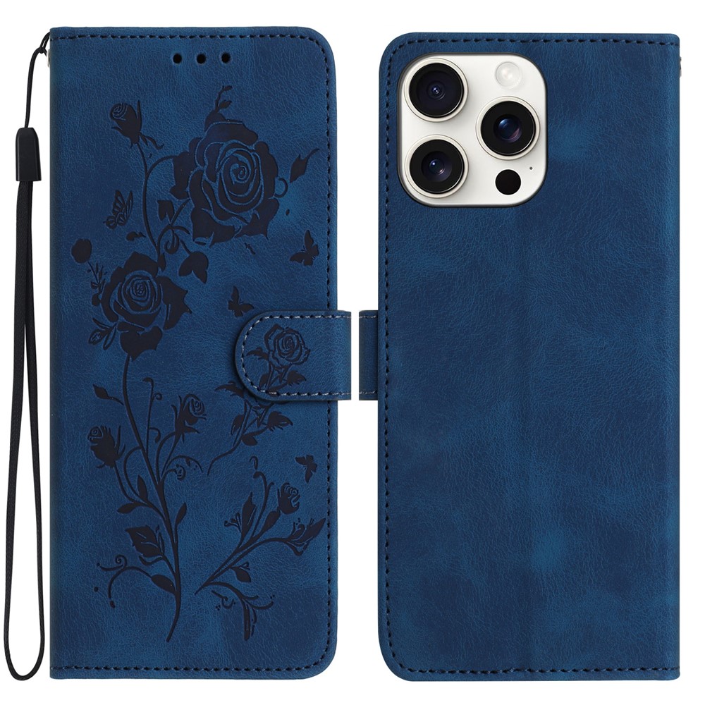 For iPhone 16 Pro Max Wallet Case Rose Pattern Imprinted Leather Flip Stand Phone Cover - Dark Blue