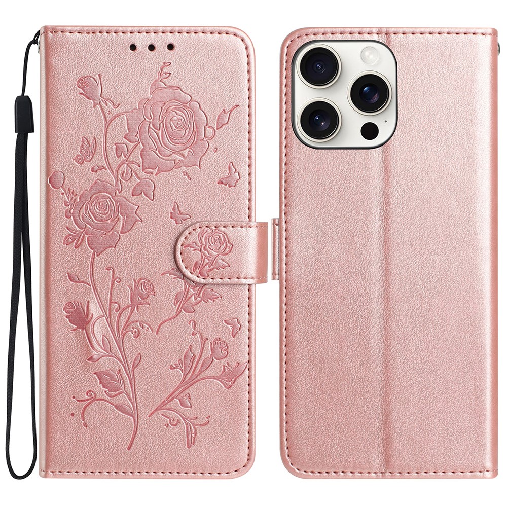 For iPhone 15 Pro Max Wallet Case Rose Pattern Imprinted Leather Flip Stand Phone Cover - Rose Gold