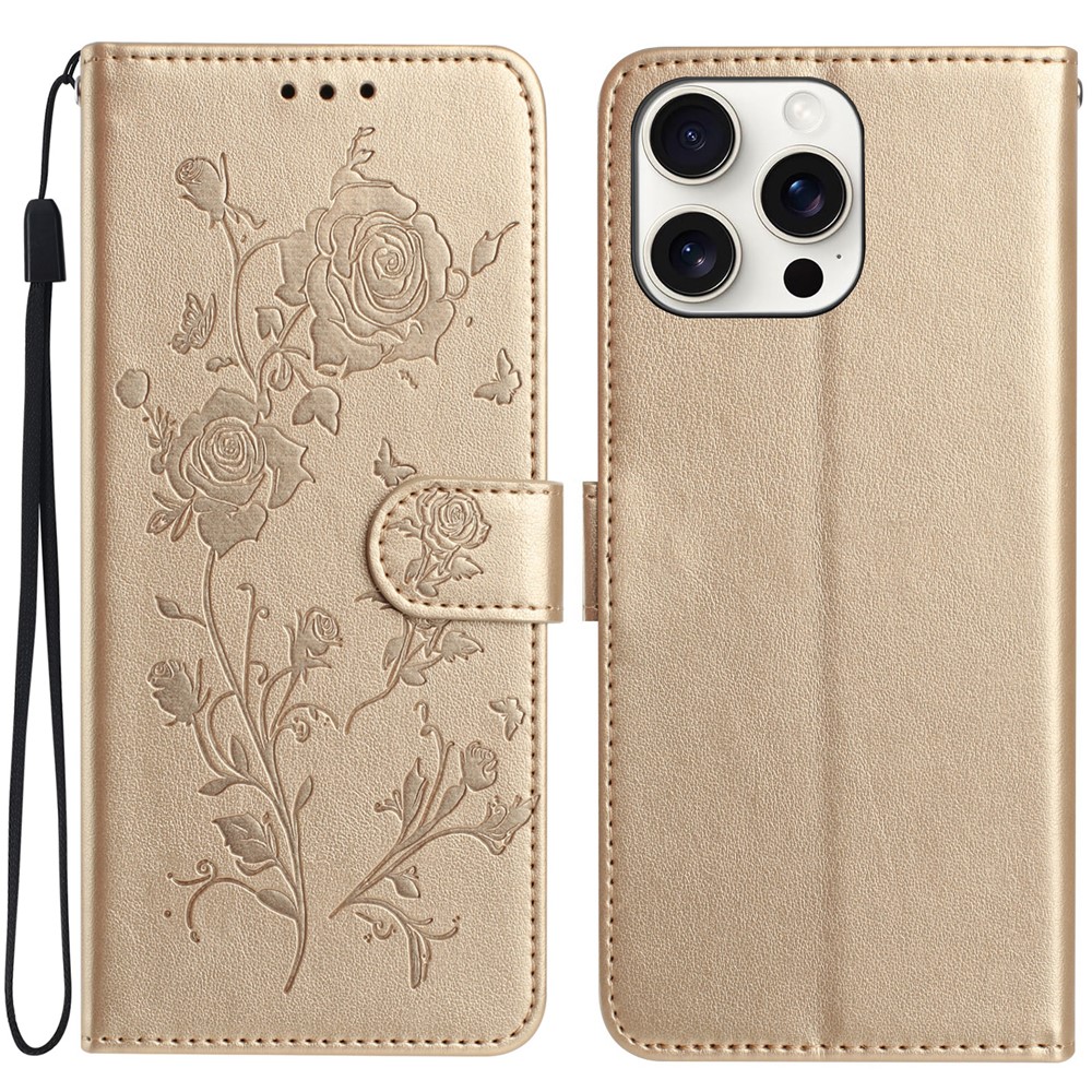 For iPhone 15 Pro Max Wallet Case Rose Pattern Imprinted Leather Flip Stand Phone Cover - Gold