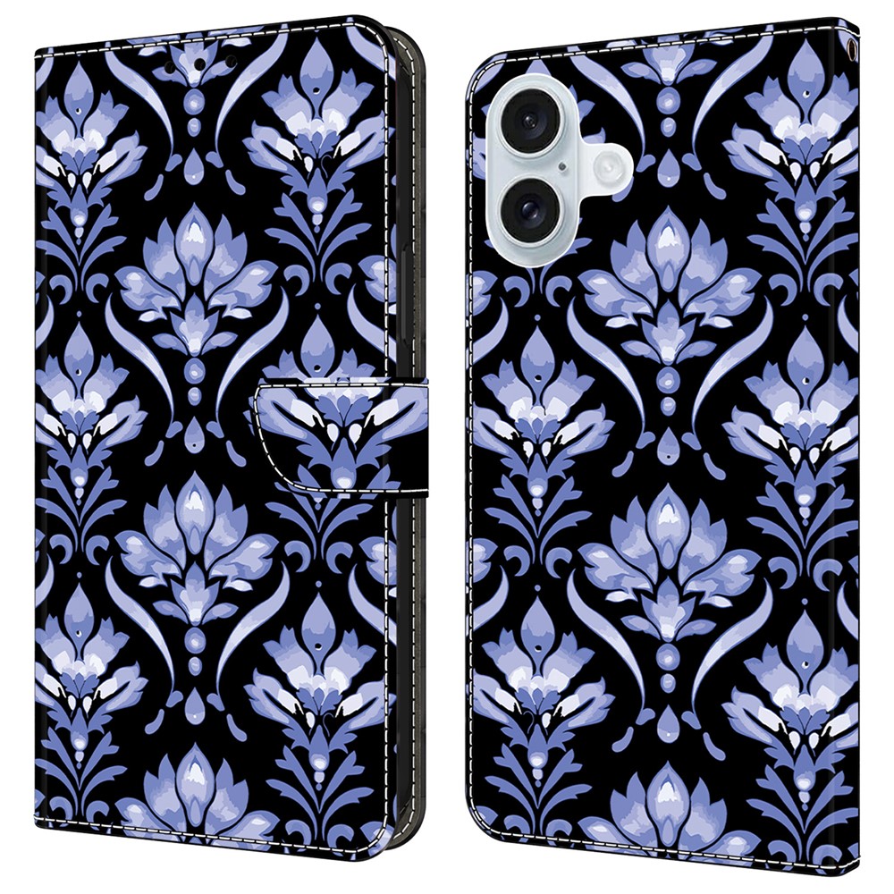 For iPhone 16 Plus Leather Case Pattern Printing Wallet Stand Anti Drop Phone Cover - Flower Texture