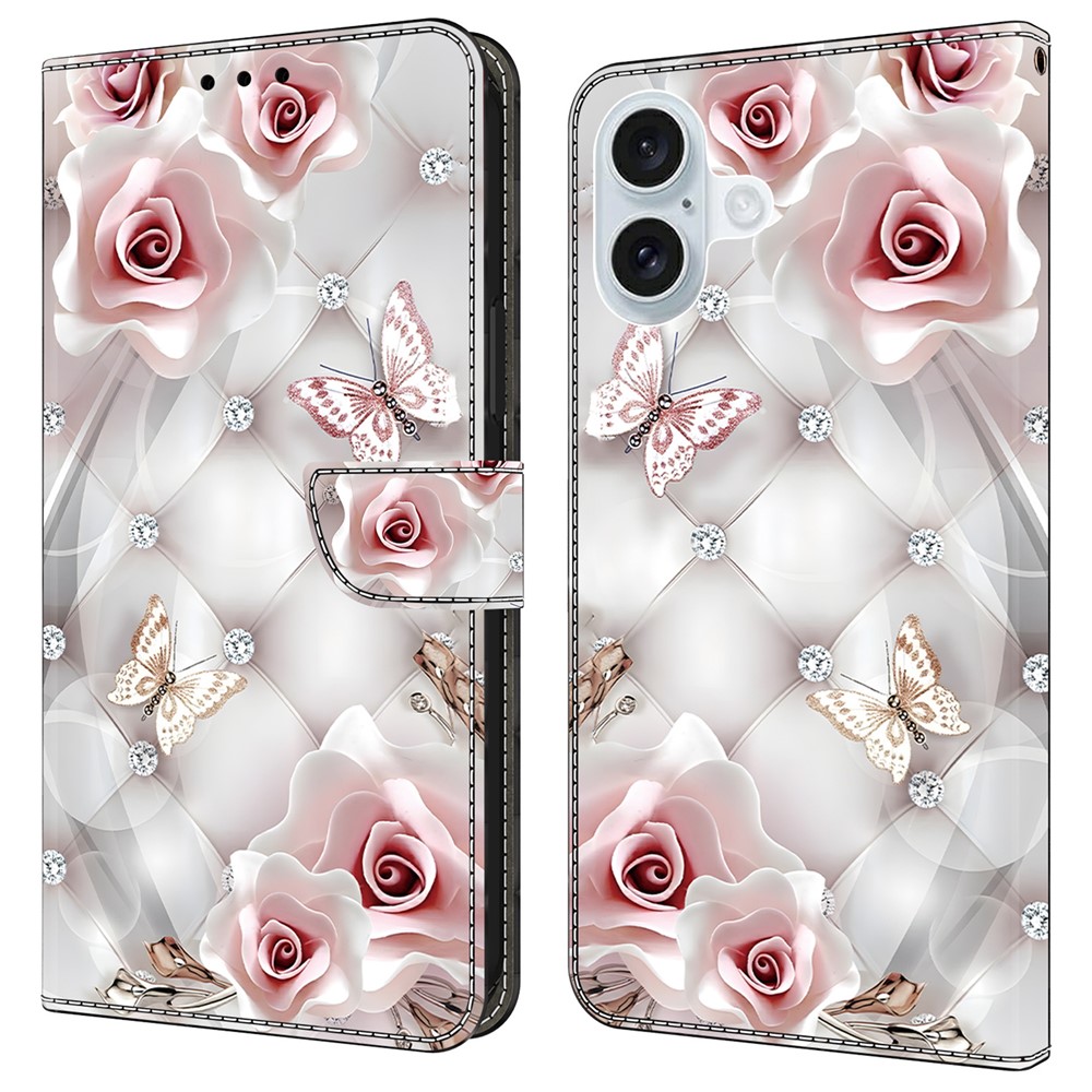 For iPhone 16 Plus Leather Case Pattern Printing Wallet Stand Anti Drop Phone Cover - Pink Butterfly