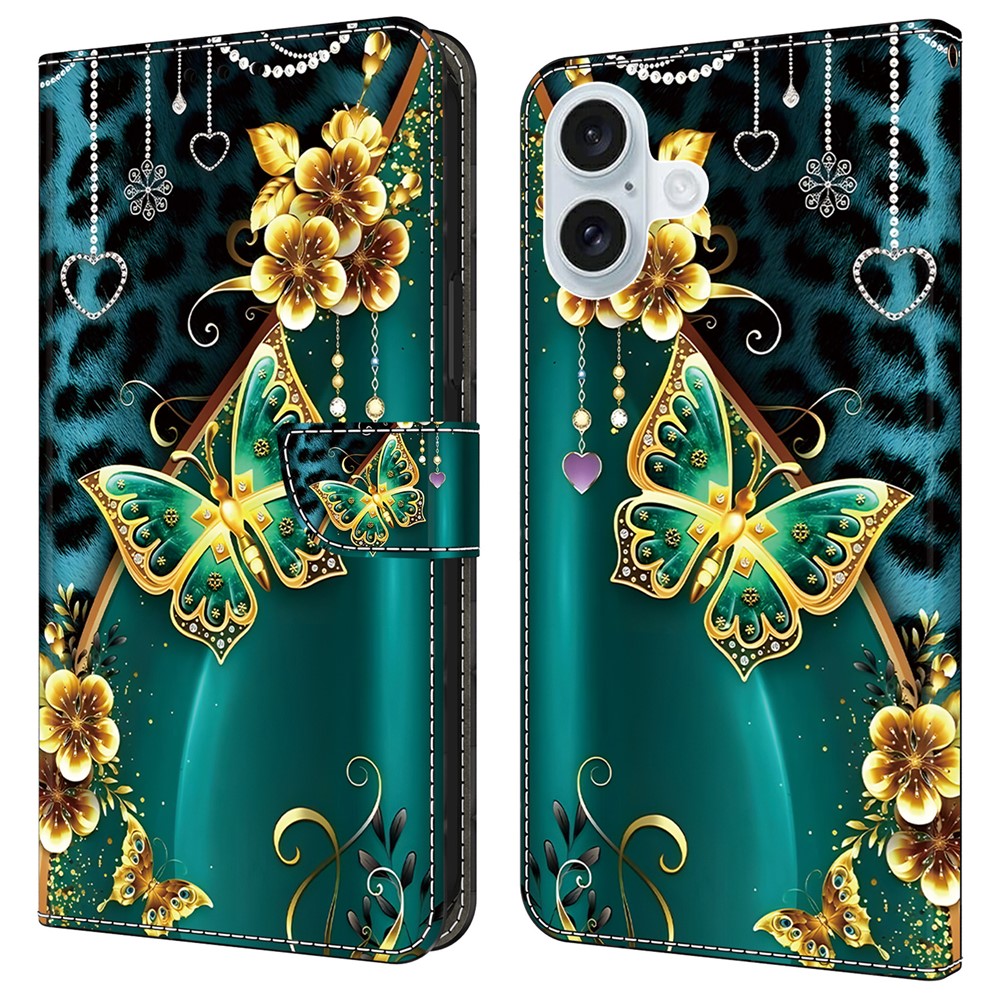 For iPhone 16 Plus Leather Case Pattern Printing Wallet Stand Anti Drop Phone Cover - Golden Flower Butterfly