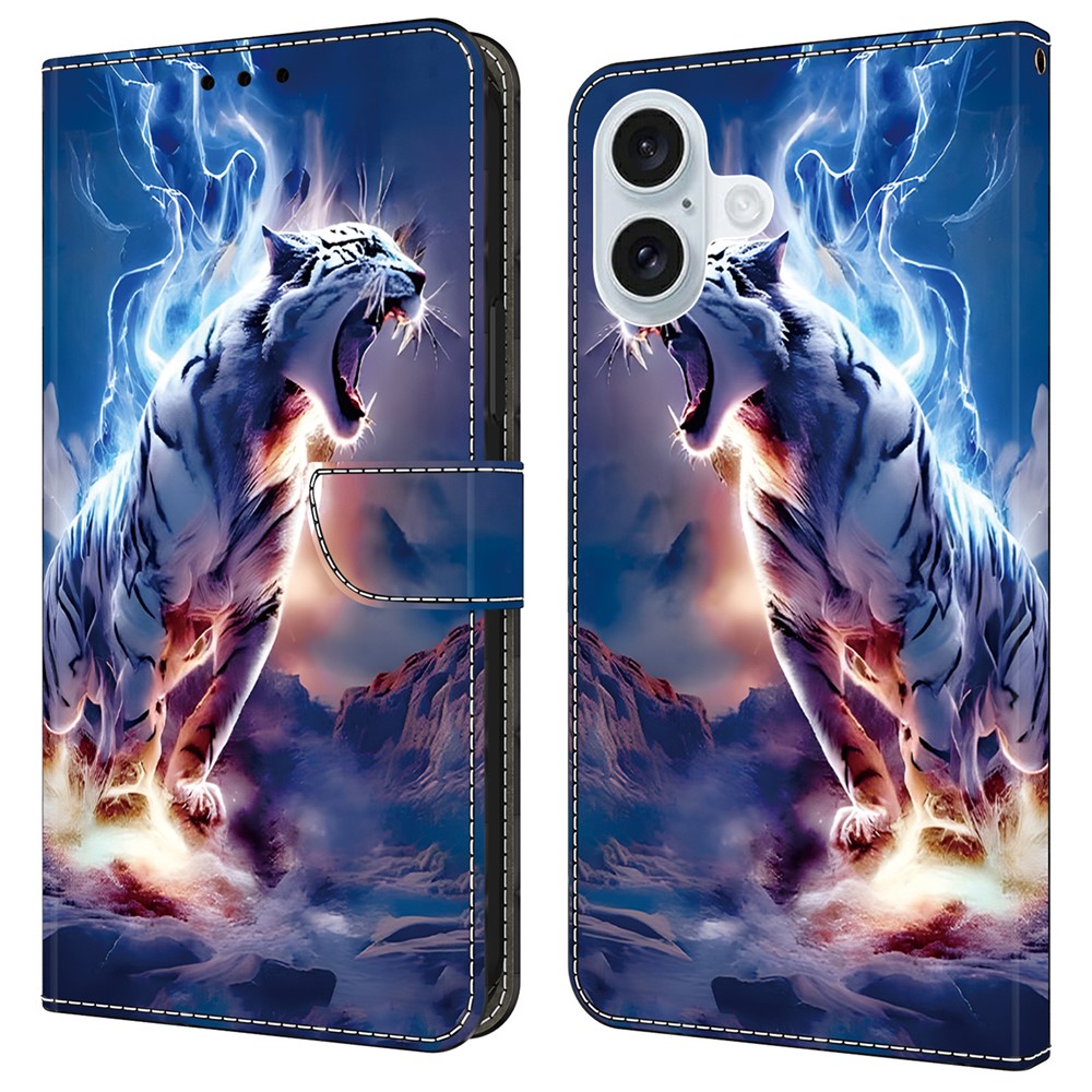 For iPhone 16 Plus Leather Case Pattern Printing Wallet Stand Anti Drop Phone Cover - Thunder Tiger