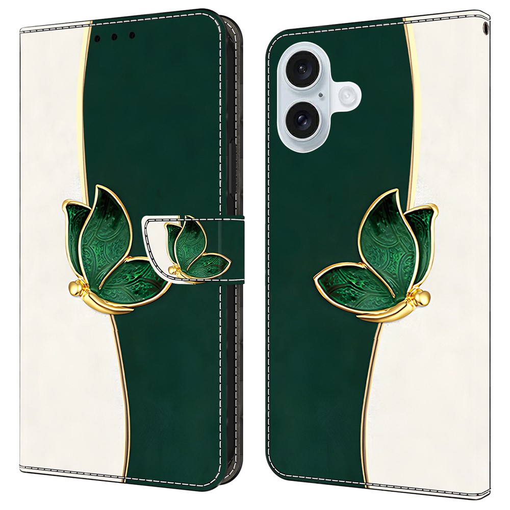 For iPhone 16 Plus Leather Case Pattern Printing Wallet Stand Anti Drop Phone Cover - Green Butterfly