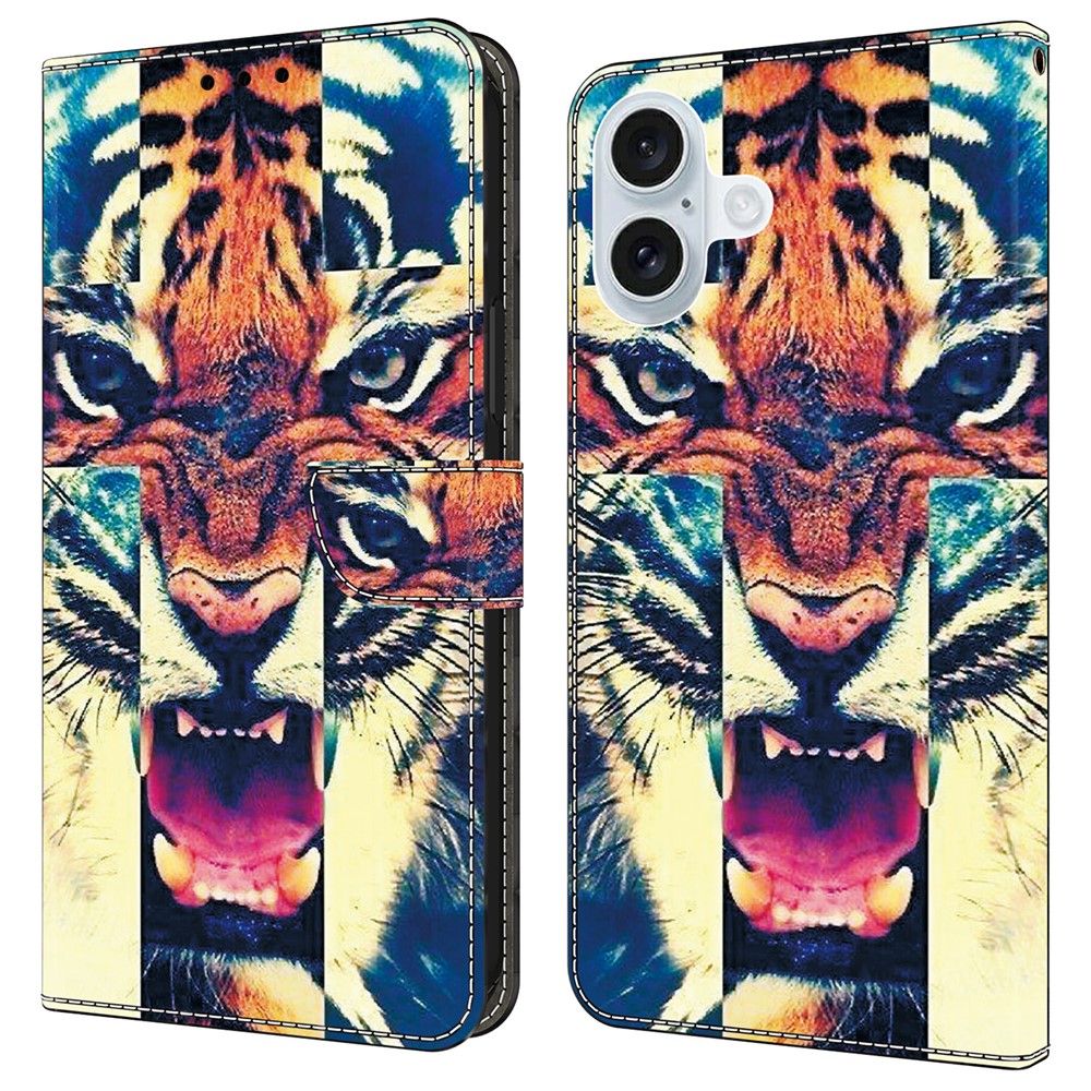 For iPhone 16 Plus Leather Case Pattern Printing Wallet Stand Anti Drop Phone Cover - Tiger