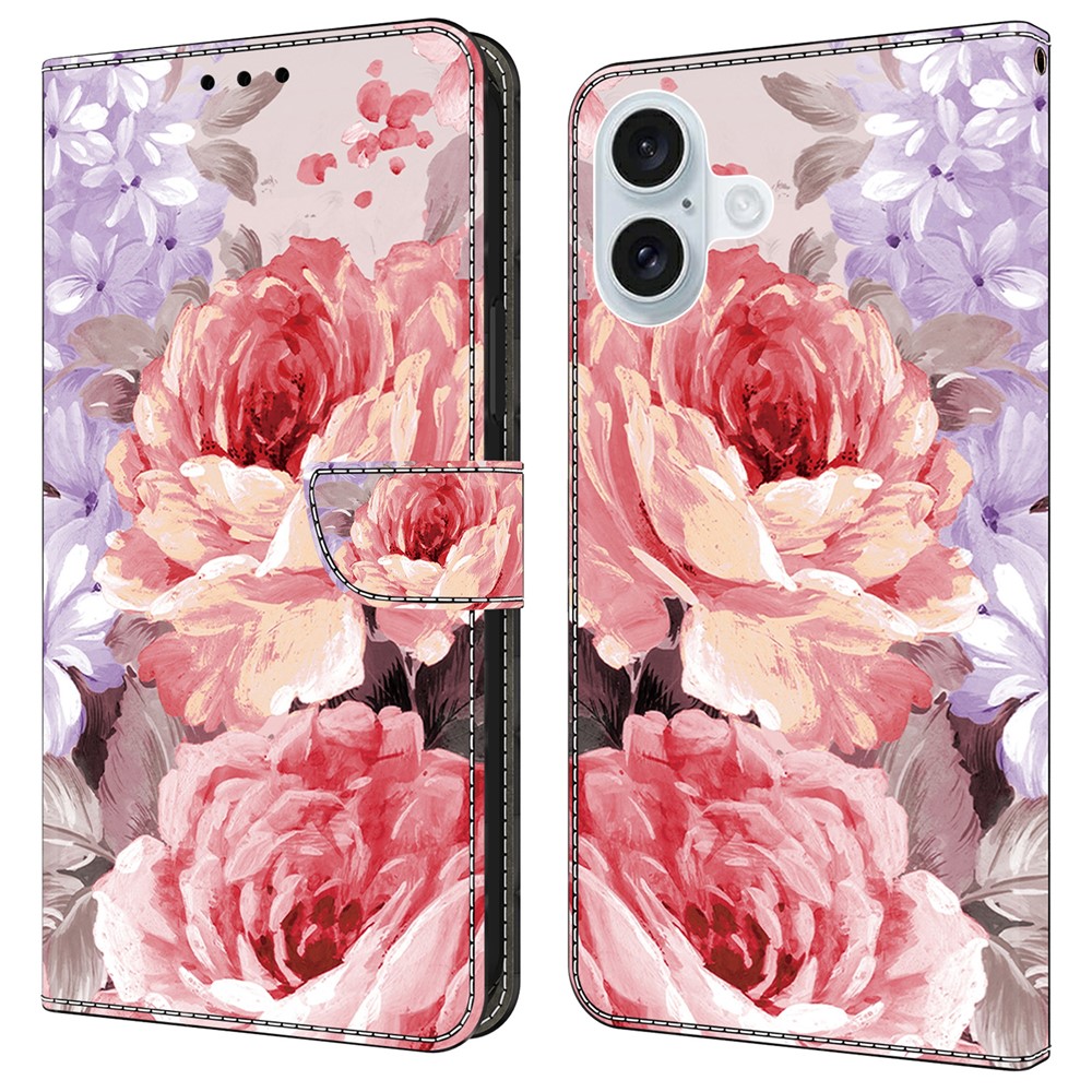 For iPhone 16 Plus Leather Case Pattern Printing Wallet Stand Anti Drop Phone Cover - Oil Painting Rose