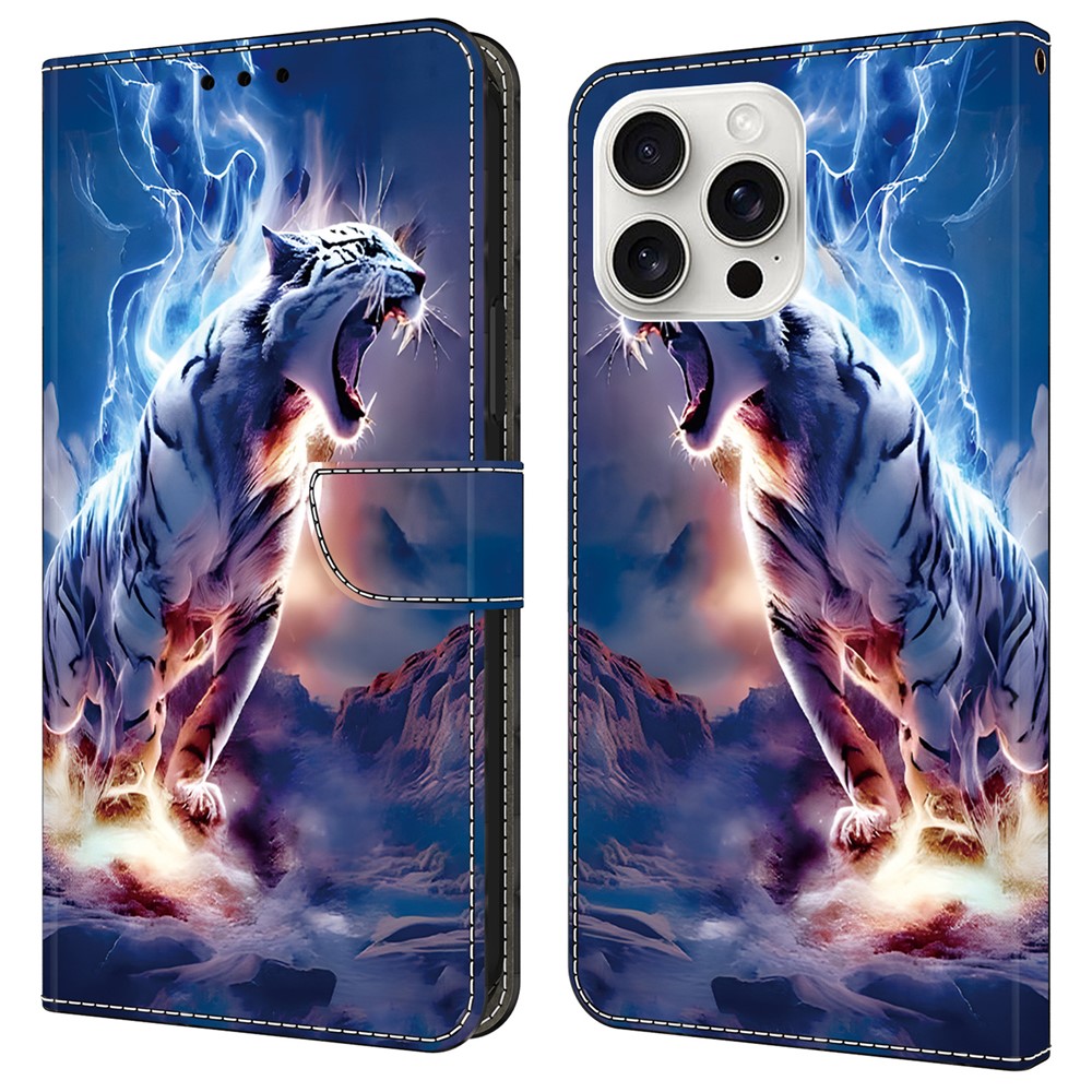 For iPhone 16 Pro Max Leather Case Pattern Printing Wallet Stand Anti Drop Phone Cover - Thunder Tiger