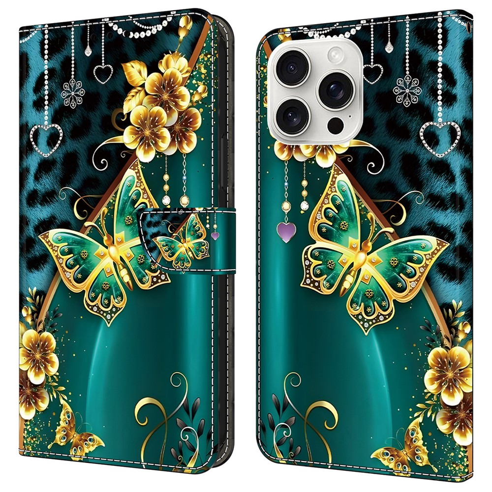 For iPhone 16 Pro Max Leather Case Pattern Printing Wallet Stand Anti Drop Phone Cover - Golden Flower Butterfly