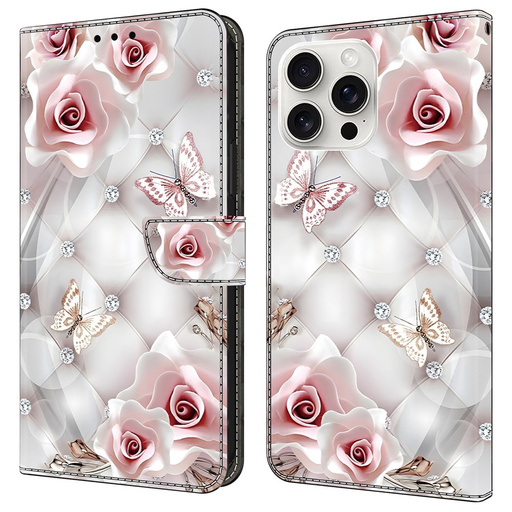 For iPhone 16 Pro Max Leather Case Pattern Printing Wallet Stand Anti Drop Phone Cover - Pink Butterfly