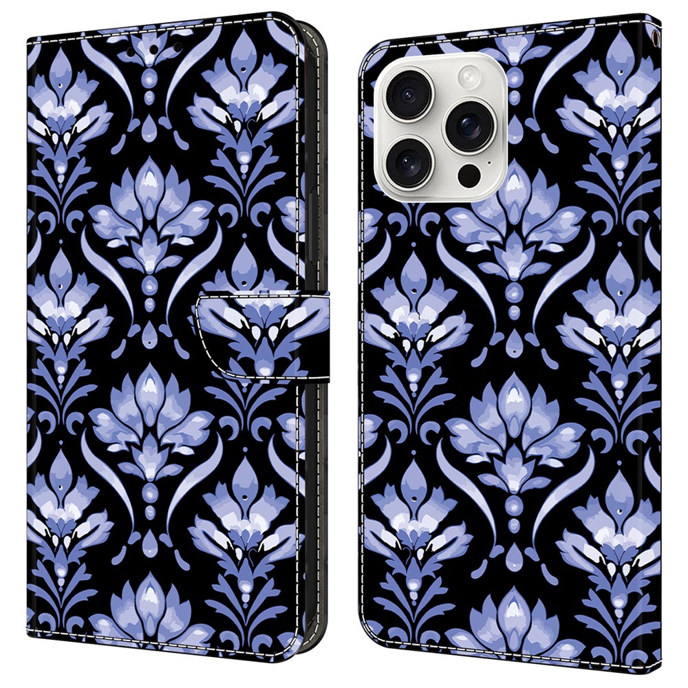 For iPhone 16 Pro Max Leather Case Pattern Printing Wallet Stand Anti Drop Phone Cover - Flower Texture