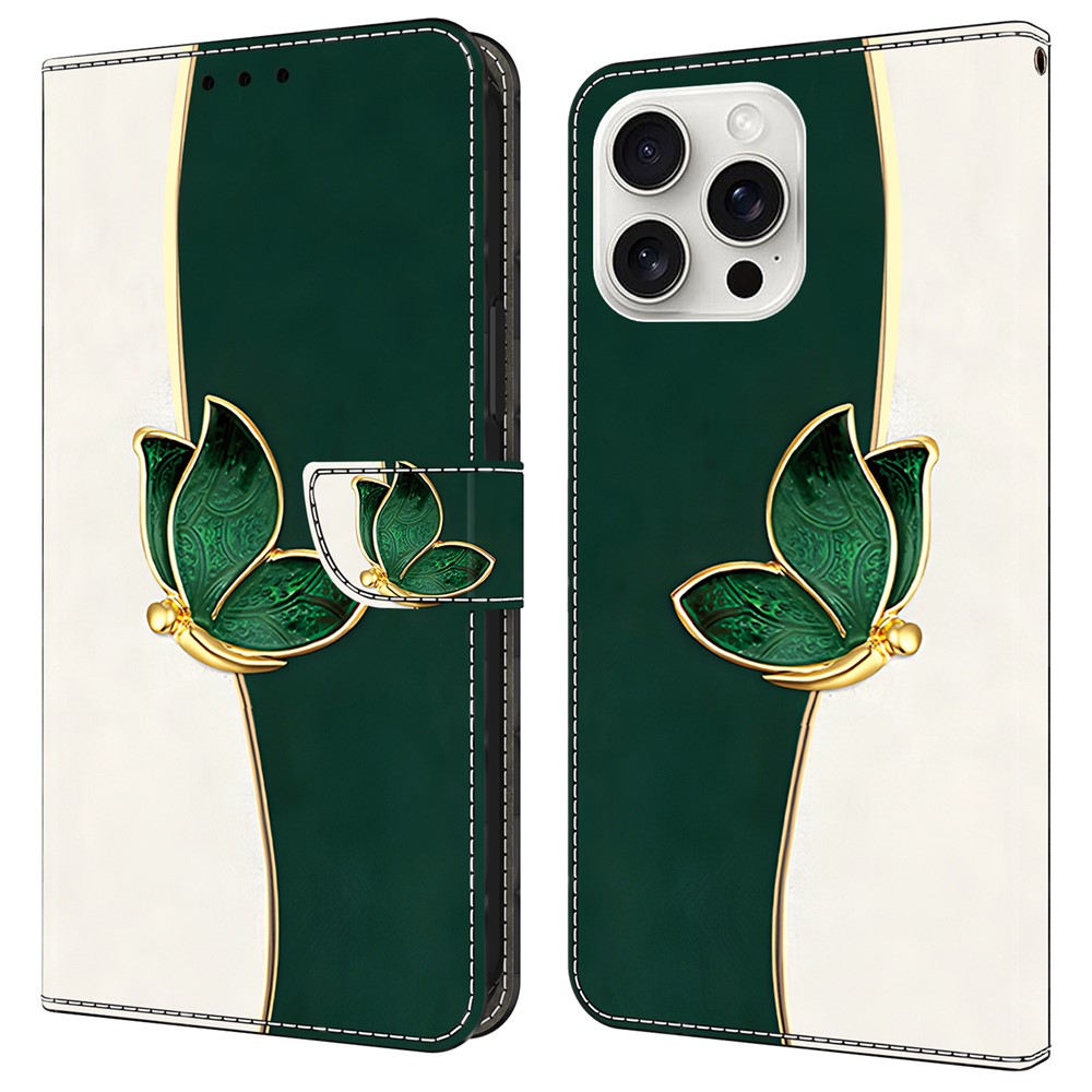 For iPhone 16 Pro Max Leather Case Pattern Printing Wallet Stand Anti Drop Phone Cover - Green Butterfly
