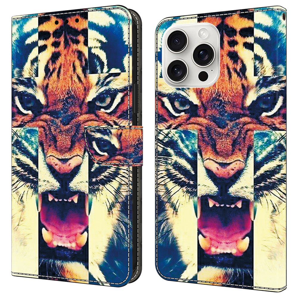 For iPhone 16 Pro Max Leather Case Pattern Printing Wallet Stand Anti Drop Phone Cover - Tiger