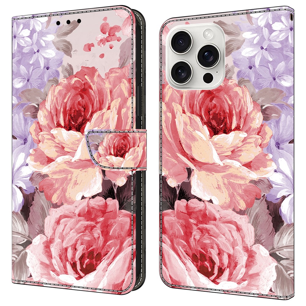 For iPhone 16 Pro Max Leather Case Pattern Printing Wallet Stand Anti Drop Phone Cover - Oil Painting Rose
