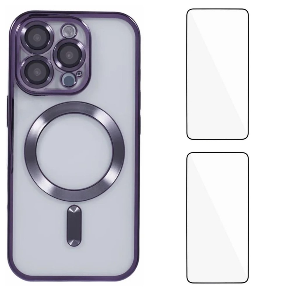 For iPhone 16 Pro Magnetic Case WANLONFENG Electroplated TPU Cover with Lens Film + 2Pcs Tempered Glass - Dark Purple