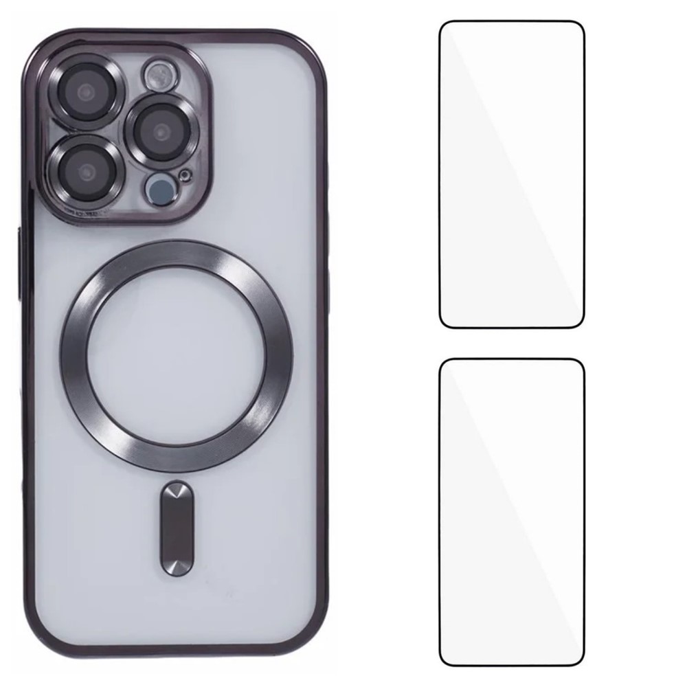 For iPhone 16 Pro Magnetic Case WANLONFENG Electroplated TPU Cover with Lens Film + 2Pcs Tempered Glass - Black