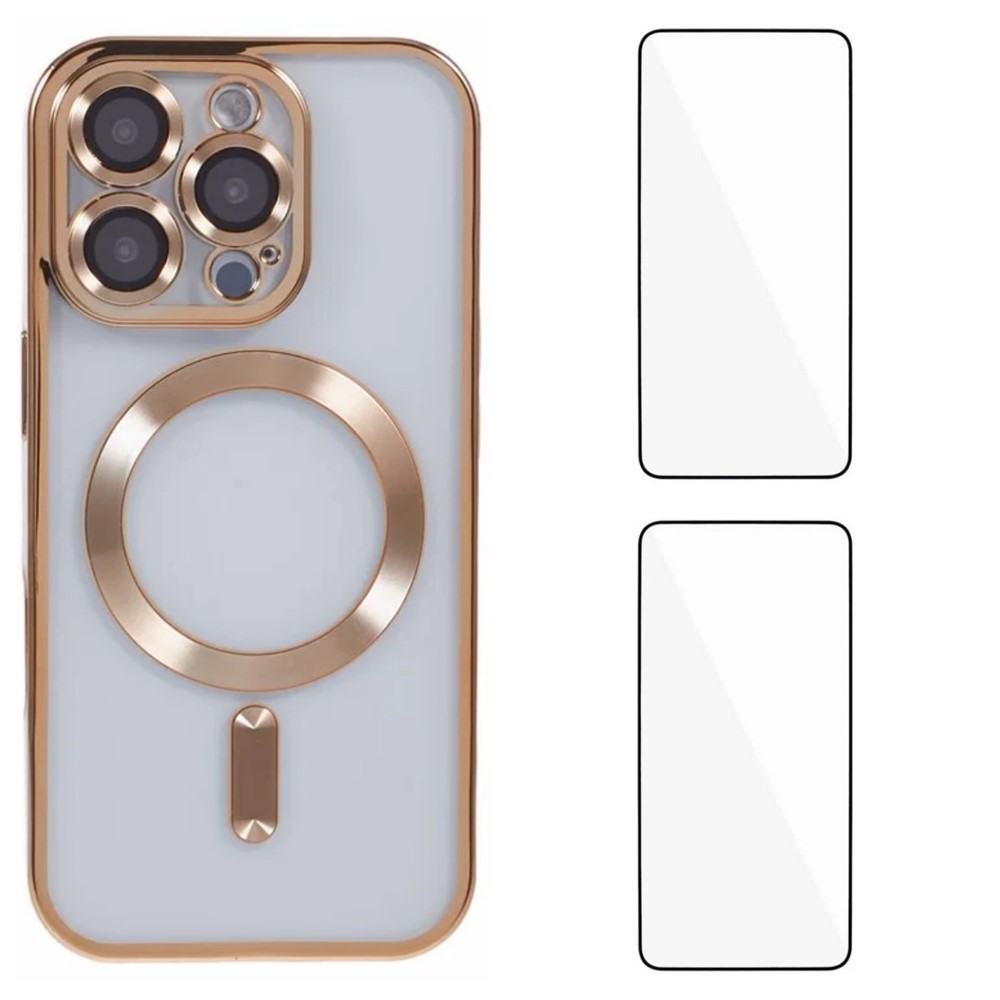 For iPhone 16 Pro Magnetic Case WANLONFENG Electroplated TPU Cover with Lens Film + 2Pcs Tempered Glass - Gold