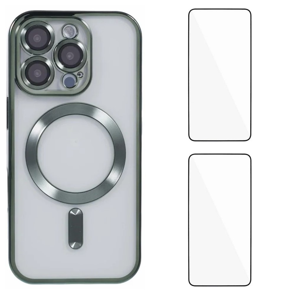 For iPhone 16 Pro Magnetic Case WANLONFENG Electroplated TPU Cover with Lens Film + 2Pcs Tempered Glass - Green
