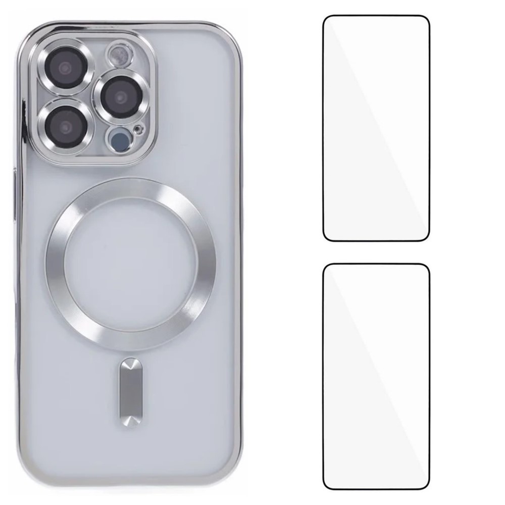 For iPhone 16 Pro Magnetic Case WANLONFENG Electroplated TPU Cover with Lens Film + 2Pcs Tempered Glass - Silver
