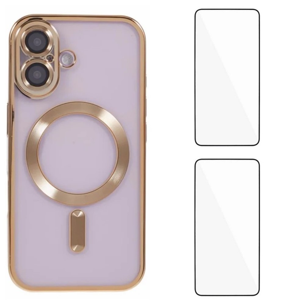 For iPhone 16 Plus Magnetic Case WANLONFENG Electroplated TPU Cover with Lens Film + 2Pcs Tempered Glass - Gold