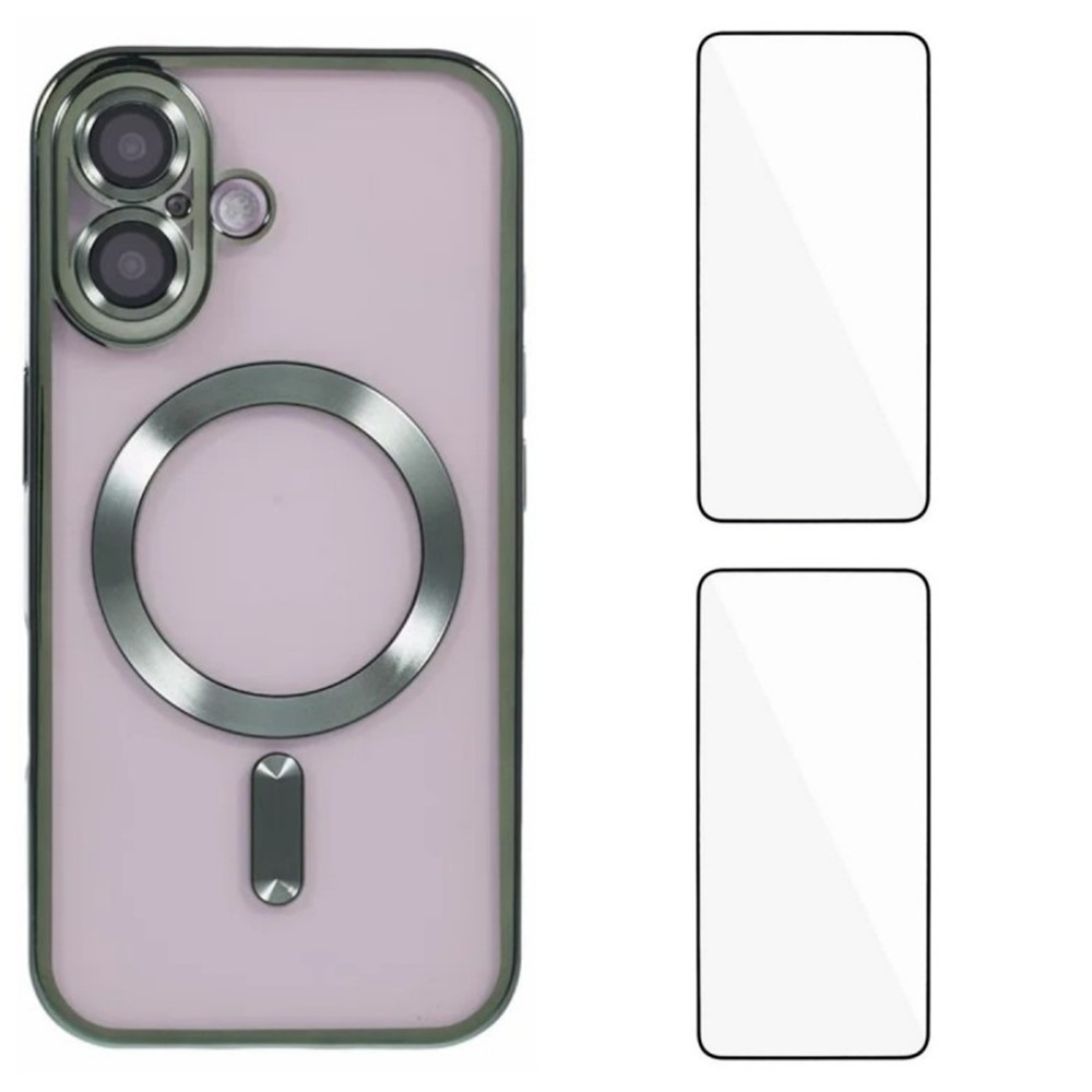 For iPhone 16 Plus Magnetic Case WANLONFENG Electroplated TPU Cover with Lens Film + 2Pcs Tempered Glass - Green