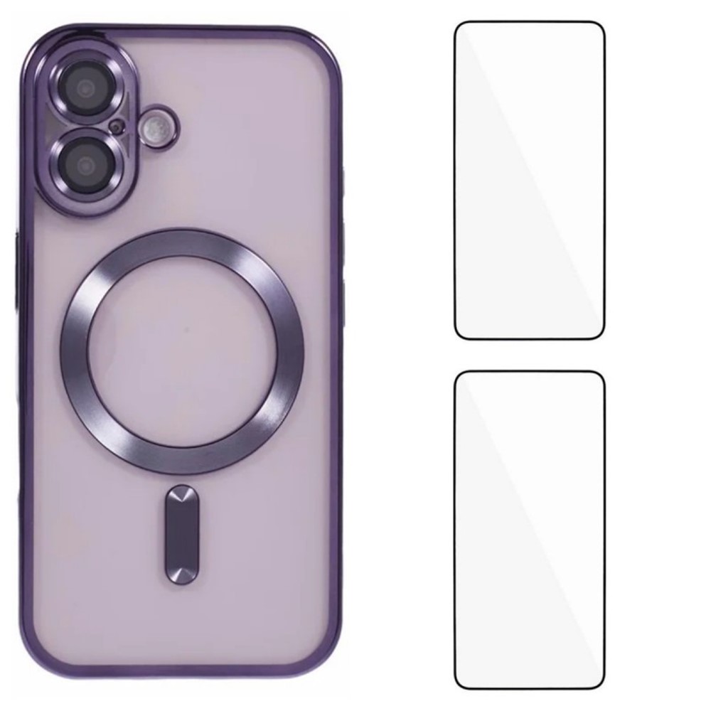 For iPhone 16 Magnetic Case WANLONFENG Electroplated TPU Cover with Lens Film + 2Pcs Tempered Glass - Dark Purple