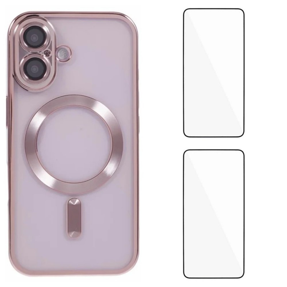 For iPhone 16 Magnetic Case WANLONFENG Electroplated TPU Cover with Lens Film + 2Pcs Tempered Glass - Pink