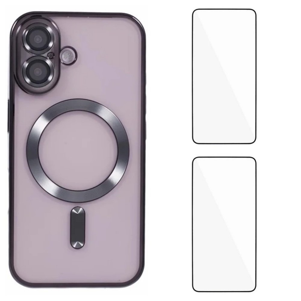 For iPhone 16 Magnetic Case WANLONFENG Electroplated TPU Cover with Lens Film + 2Pcs Tempered Glass - Black