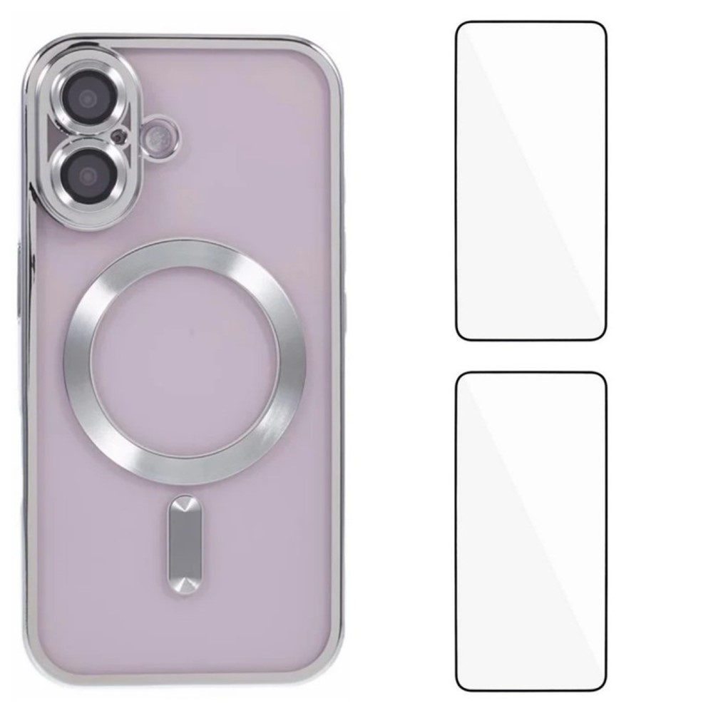 For iPhone 16 Magnetic Case WANLONFENG Electroplated TPU Cover with Lens Film + 2Pcs Tempered Glass - Silver