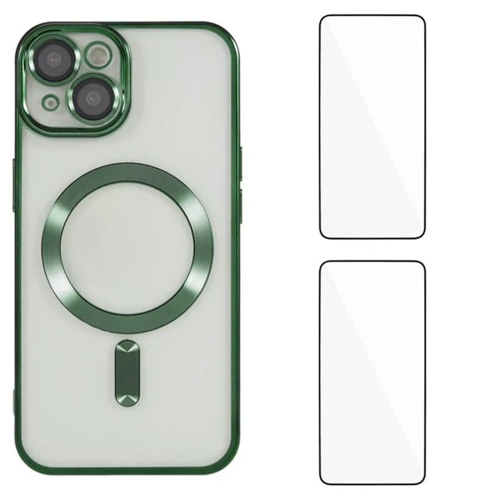 For iPhone 15 Plus Magnetic Case WANLONFENG Electroplated TPU Cover with Lens Film + 2Pcs Tempered Glass - Green