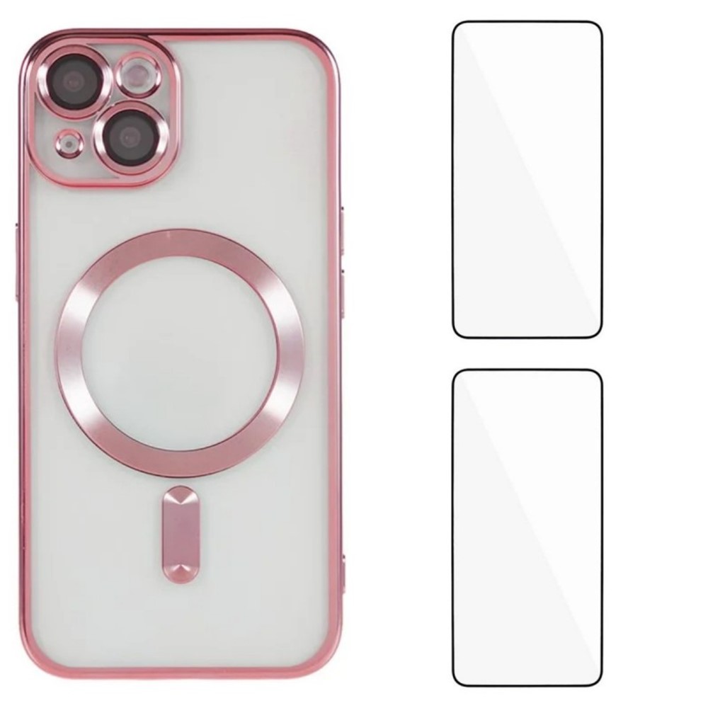 For iPhone 15 Magnetic Case WANLONFENG Electroplated TPU Cover with Lens Film + 2Pcs Tempered Glass - Pink
