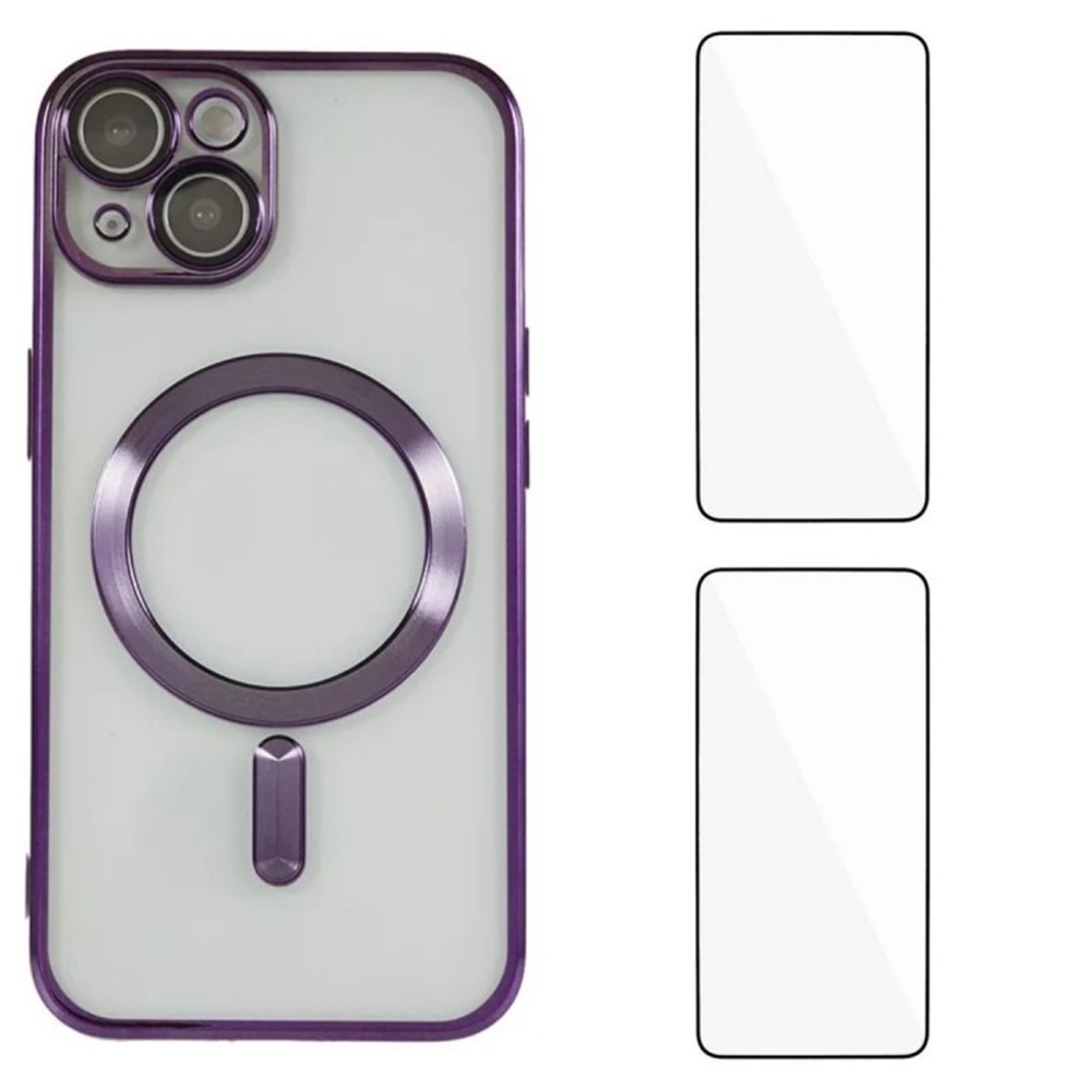 For iPhone 14 Magnetic Case WANLONFENG Electroplated TPU Cover with Lens Film + 2Pcs Tempered Glass - Dark Purple