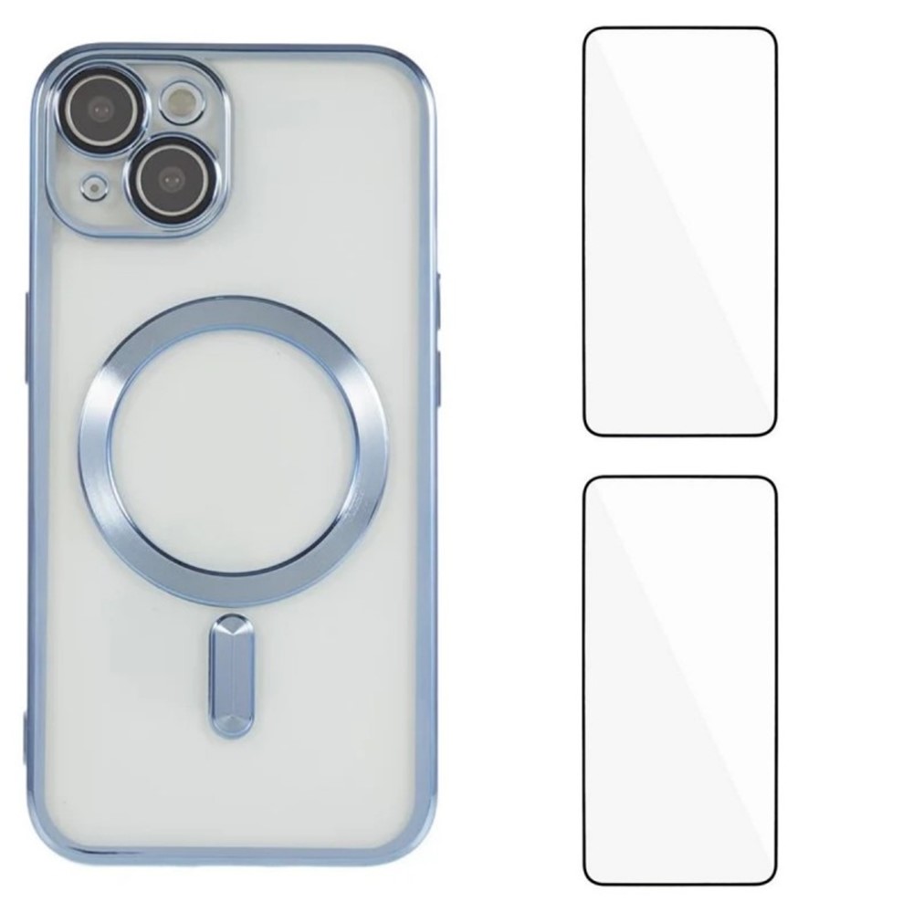 For iPhone 14 Magnetic Case WANLONFENG Electroplated TPU Cover with Lens Film + 2Pcs Tempered Glass - Blue