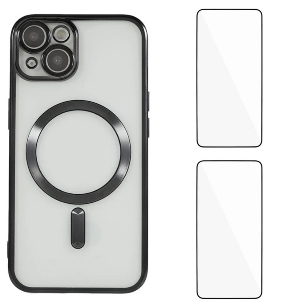 For iPhone 13 6.1 inch Magnetic Case WANLONFENG Electroplated TPU Cover with Lens Film + 2Pcs Tempered Glass - Black