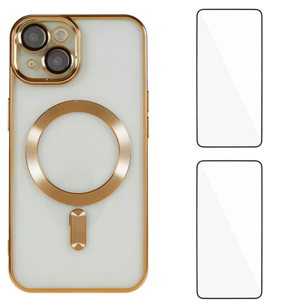 For iPhone 13 6.1 inch Magnetic Case WANLONFENG Electroplated TPU Cover with Lens Film + 2Pcs Tempered Glass - Gold
