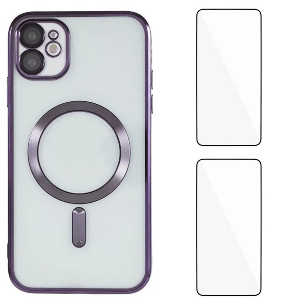 For iPhone 12 6.1 inch Magnetic Case WANLONFENG Electroplated TPU Cover with Lens Film + 2Pcs Tempered Glass - Dark Purple
