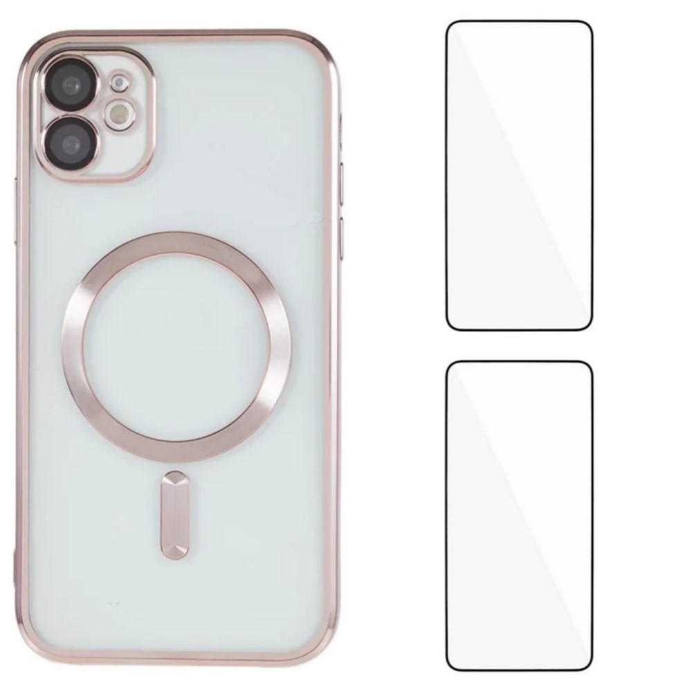 For iPhone 12 6.1 inch Magnetic Case WANLONFENG Electroplated TPU Cover with Lens Film + 2Pcs Tempered Glass - Pink
